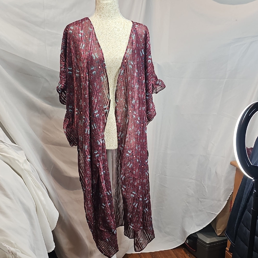 BCBGeneration Burgundy Sheer Floral Kimono Duster